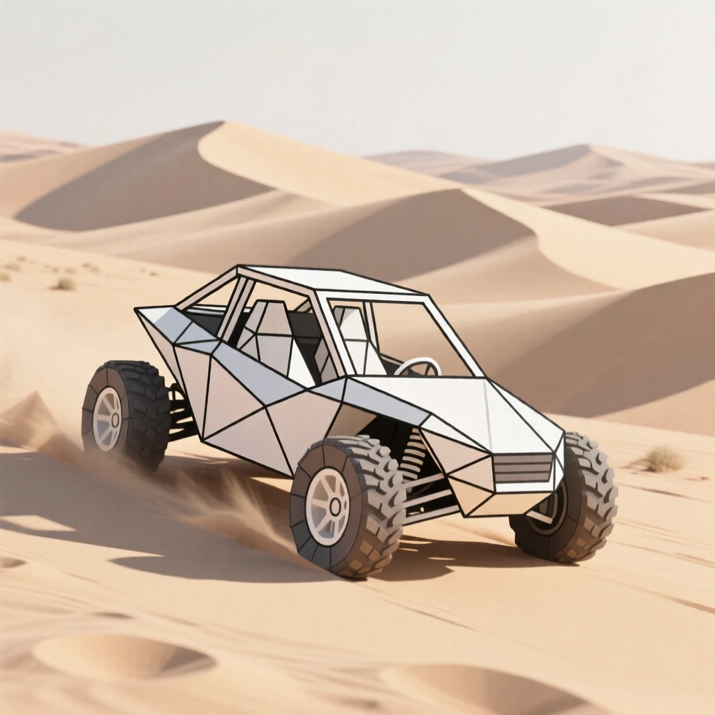 A dune buggy racing across desert sand dunes