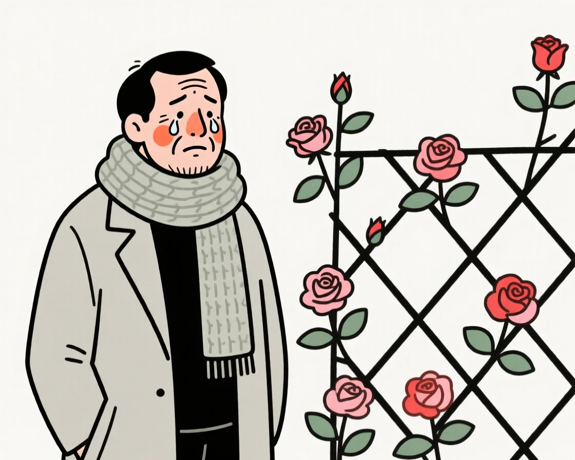 A father of Iranian heritage in a chunky knit scarf and coat, holding back happy tears, beside a blooming rose trellis.