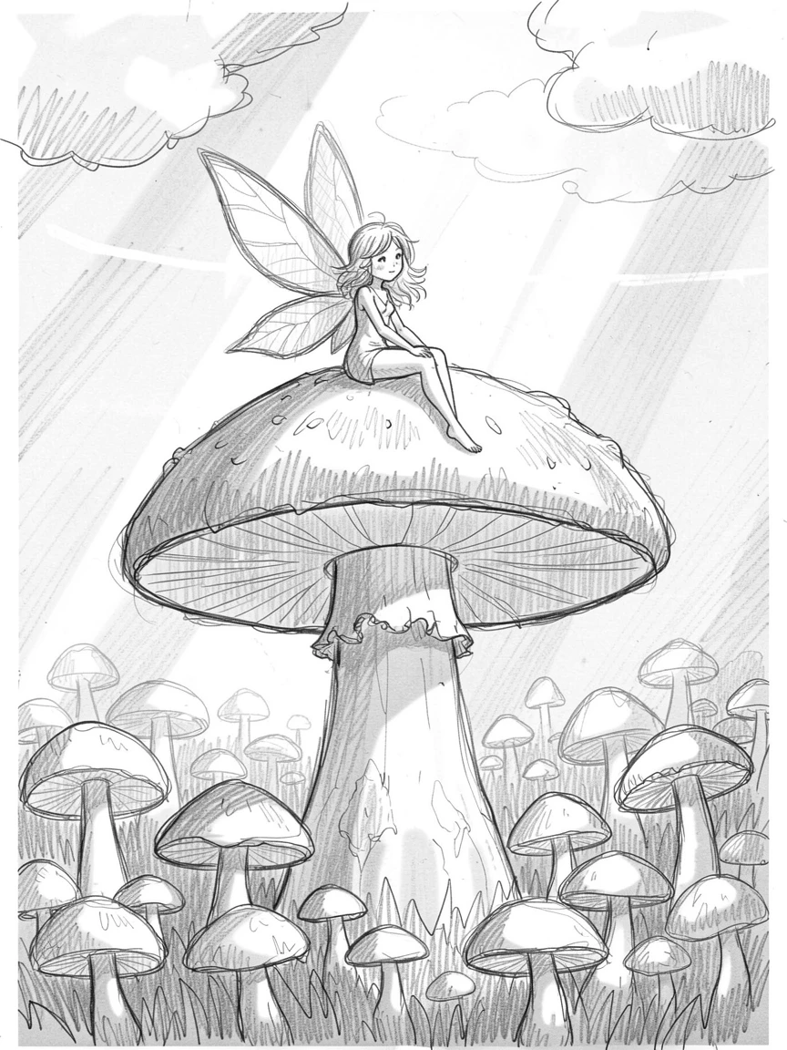 A fairy resting on a giant mushroom, within a forest of glowing mushrooms, with shafts of light piercing through the clouds.
