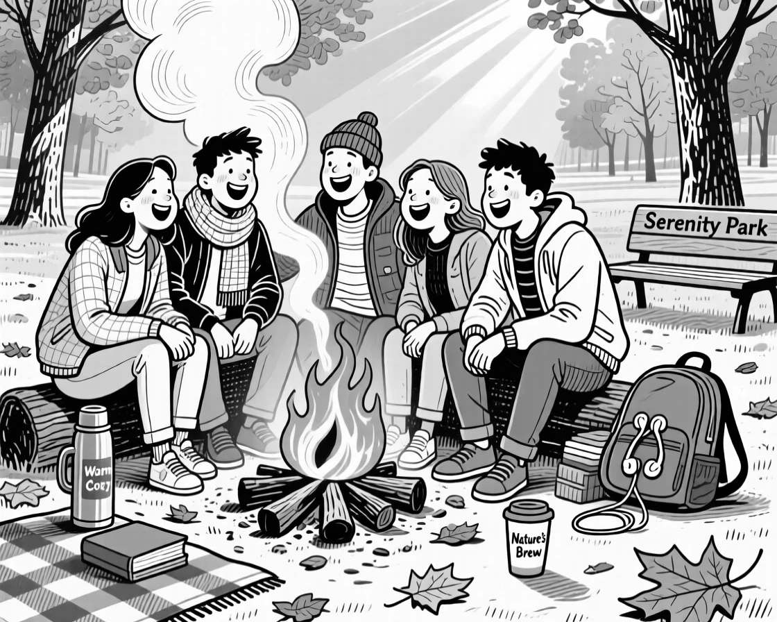 A group of friends laughing around a campfire in a sunlit park during autumn, with small details of daily life scattered nearby, creating a peacefully content lifestyle scene.