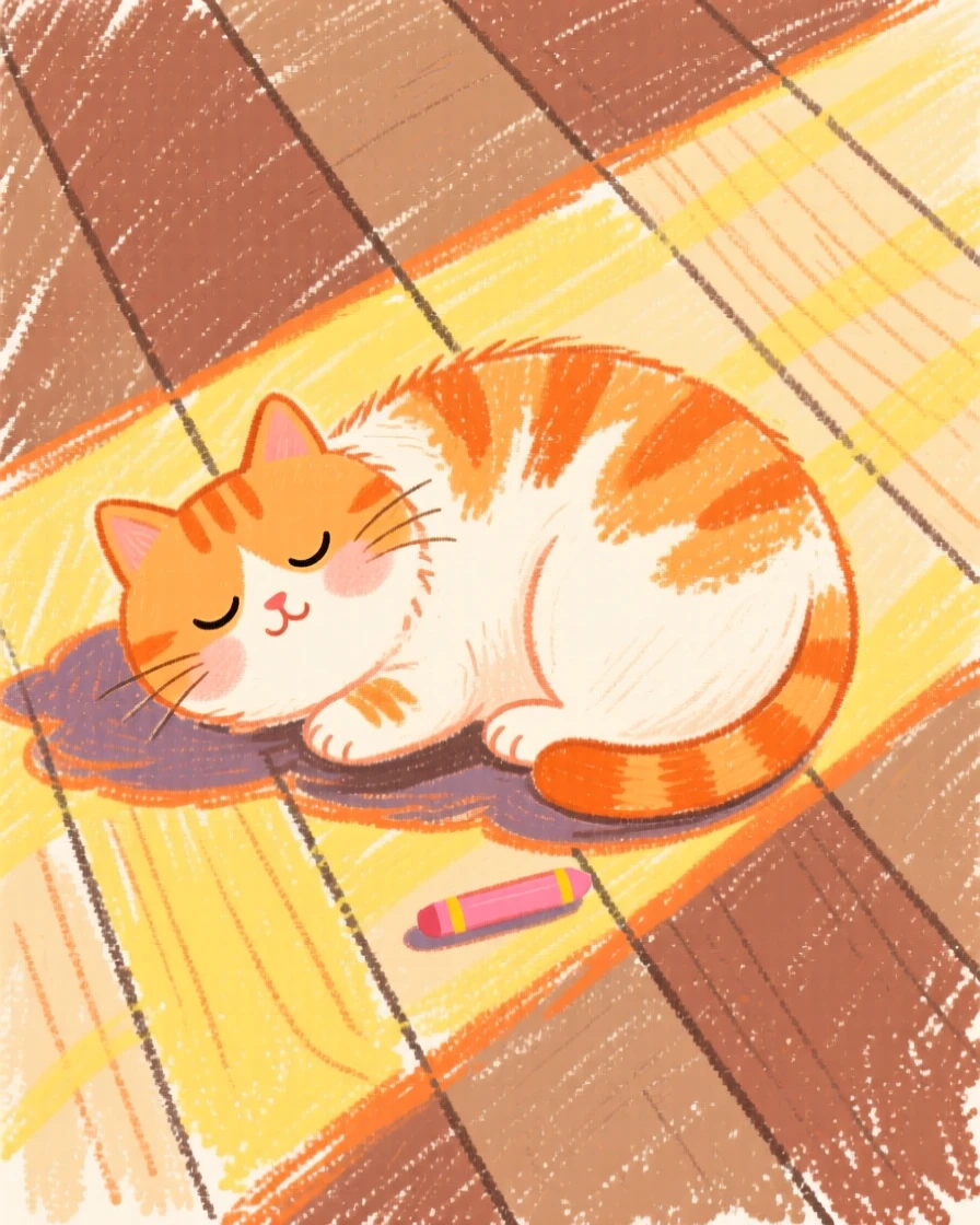 A ginger cat napping in a sunbeam on a wooden floor.