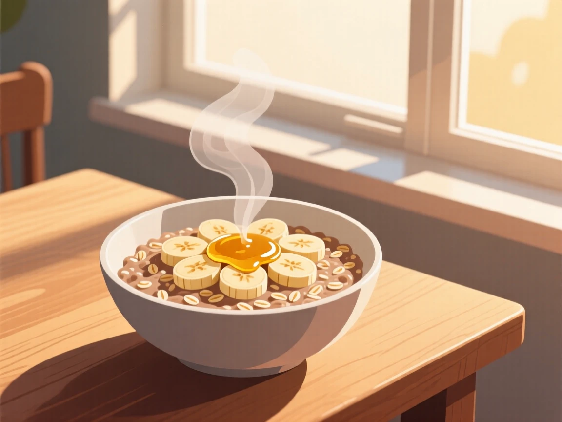 A bowl of hearty oatmeal topped with sliced banana and honey, placed near a window with warm afternoon light, composed with steam rising for a warm, inviting feel, with a joyful, celebratory feel.
