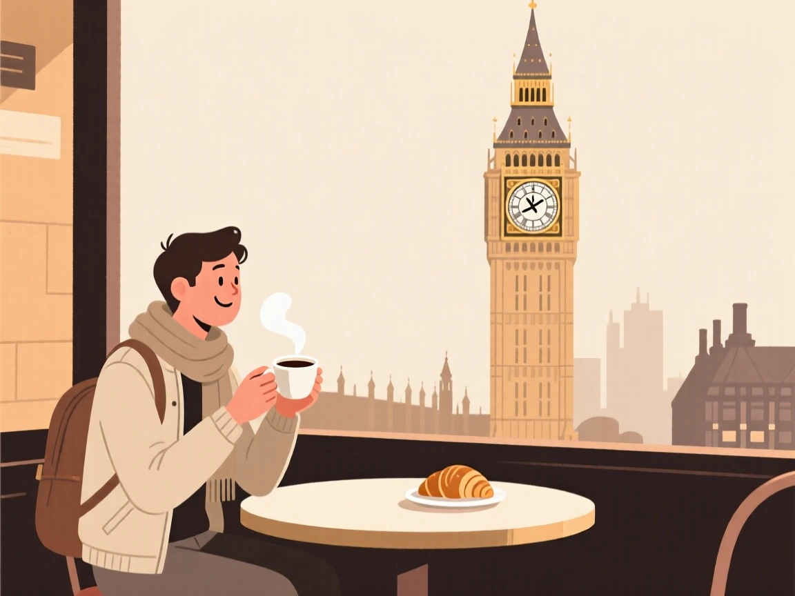 A traveler sipping coffee near a famous clock tower.