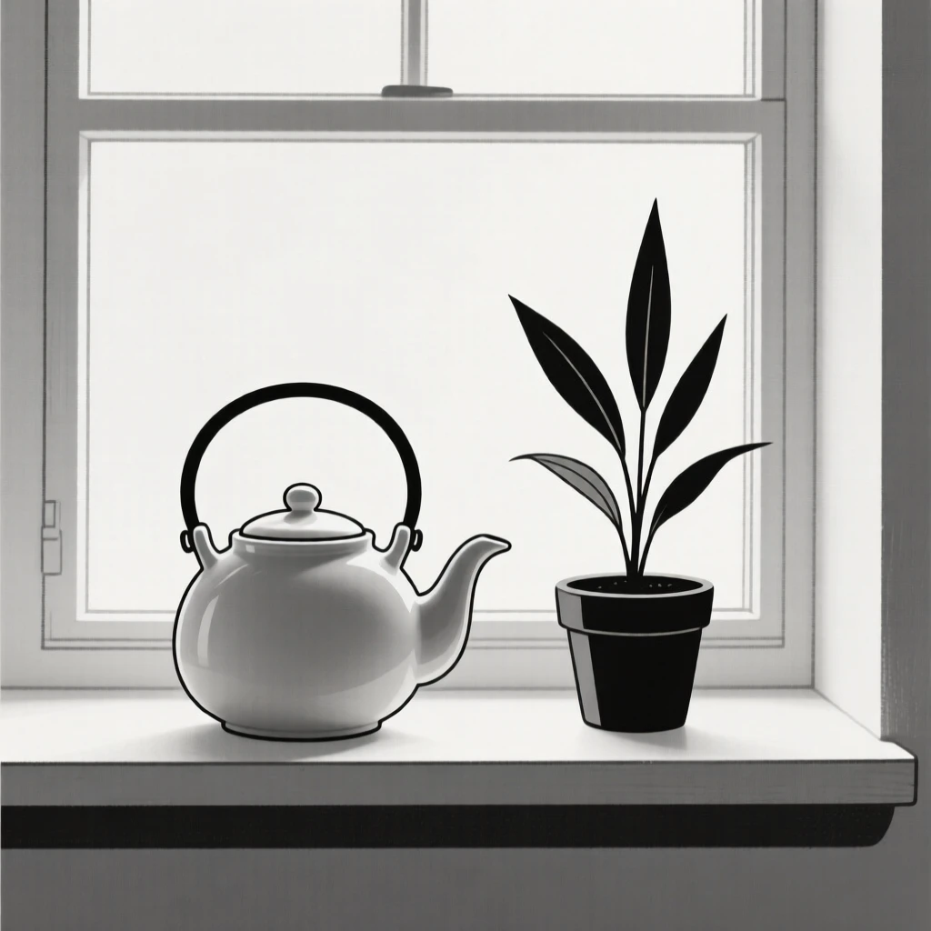 A ceramic teapot resting on a windowsill in soft light, surrounded by a small potted plant, evoking nostalgic charm.