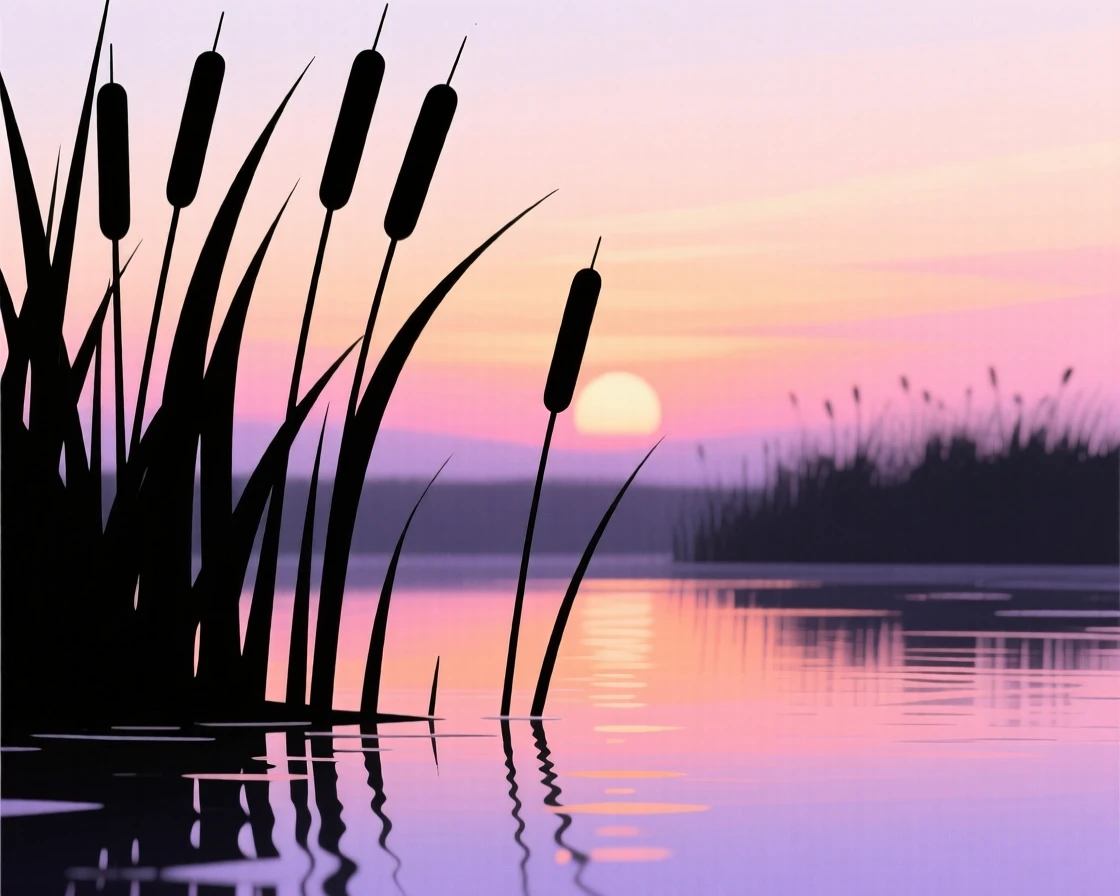 A quiet marsh at dawn with reeds standing tall in still water.