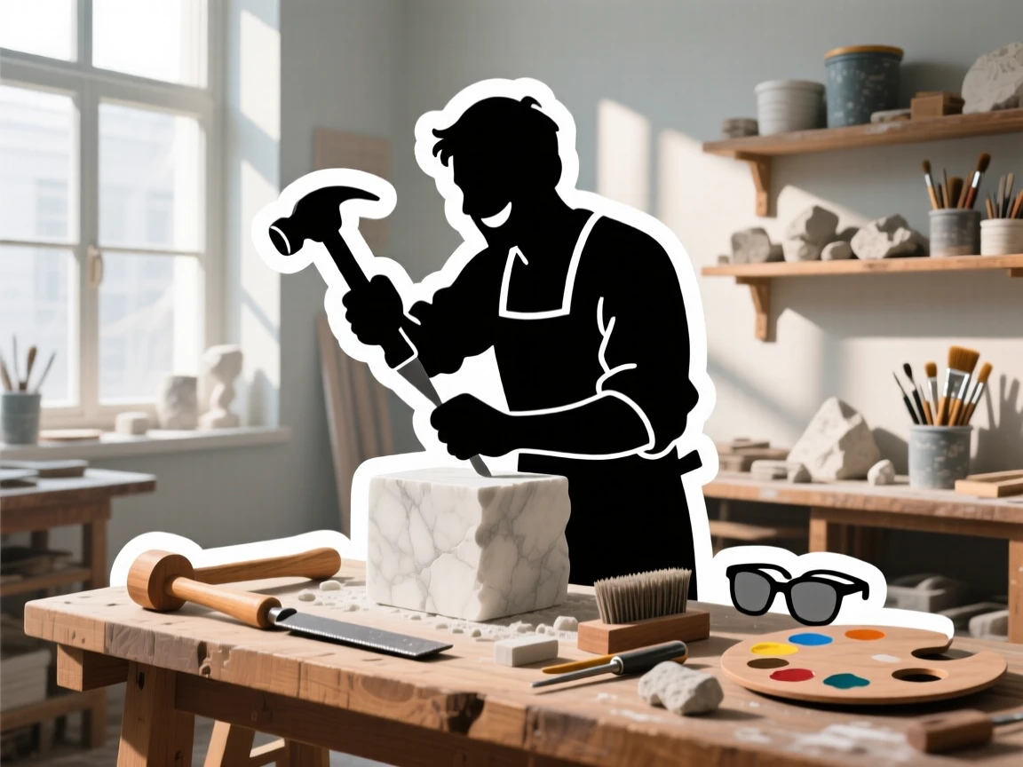 A focused and joyful sculptor chiseling a block of marble, surrounded by their favorite gear, in a sunlit studio filled with supplies.