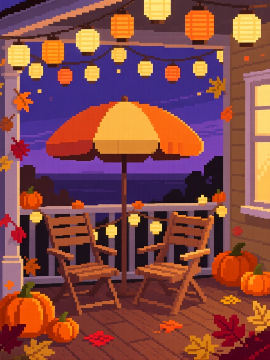 A beach umbrella and folding chairs lit by dozens of small paper lanterns, on a porch decorated for a harvest festival.
