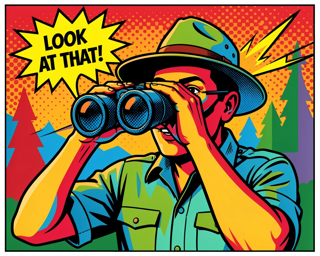 A park ranger observing wildlife through binoculars