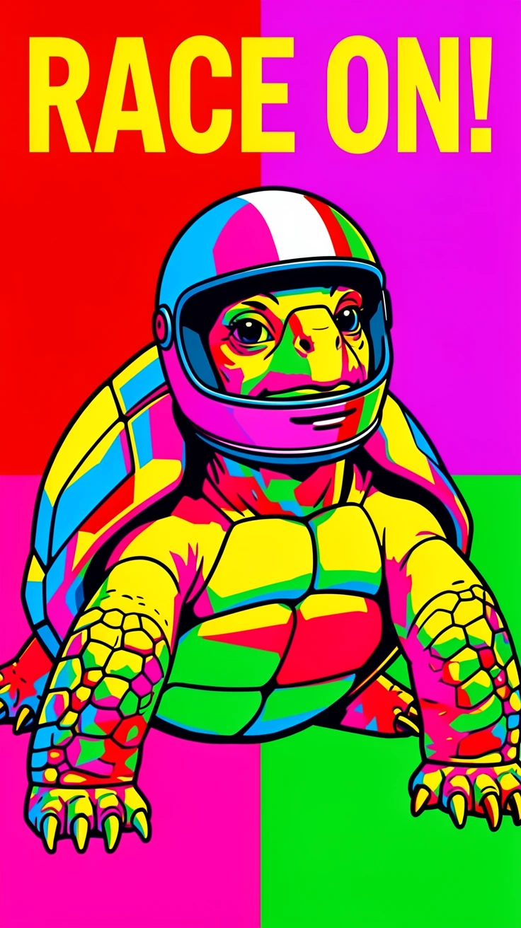 Turtle wearing a tiny helmet racing