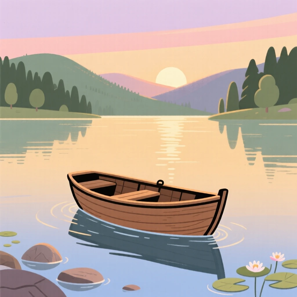 A lone small wooden rowboat drifts across a glassy alpine lake as the golden glow of sunset stretches across the surface and forested hills rise in the distance.