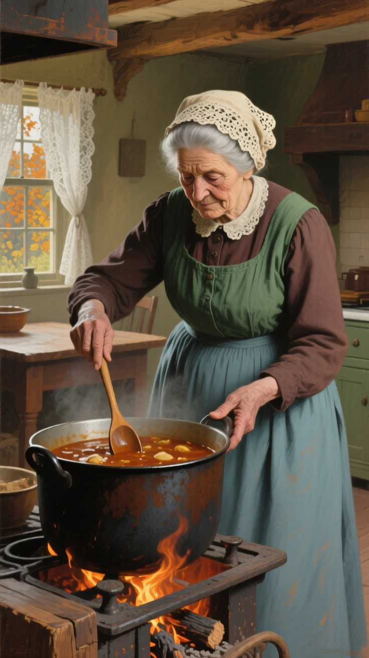 A close-up portrait of a grandmother stirring a large pot of stew on a wood-fired stove, in the Edwardian era, in mid-autumn.