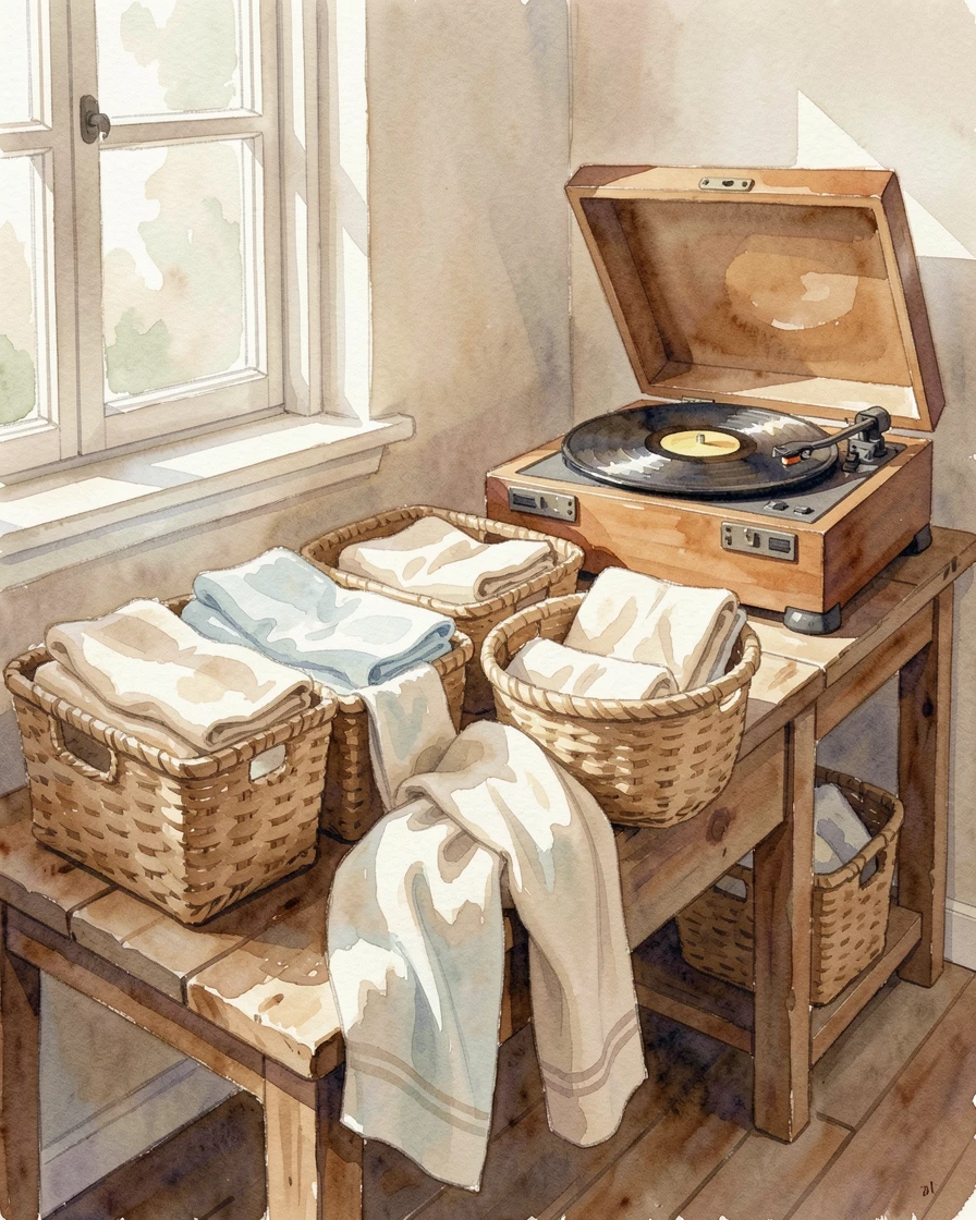 A laundry room with baskets and folded linens with a record player softly spinning.