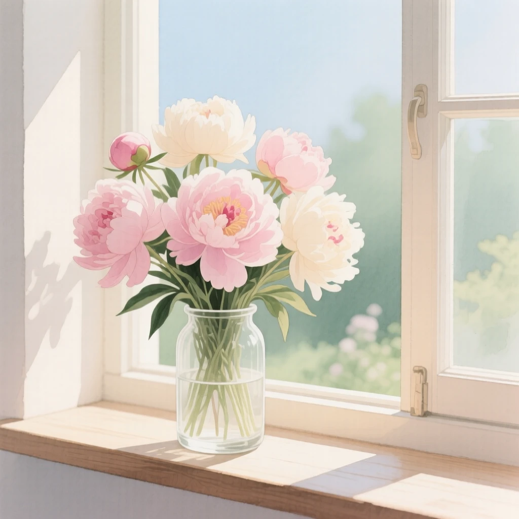 A bouquet of peonies in soft pink and cream tones sits in a glass vase beside an open window with morning light
