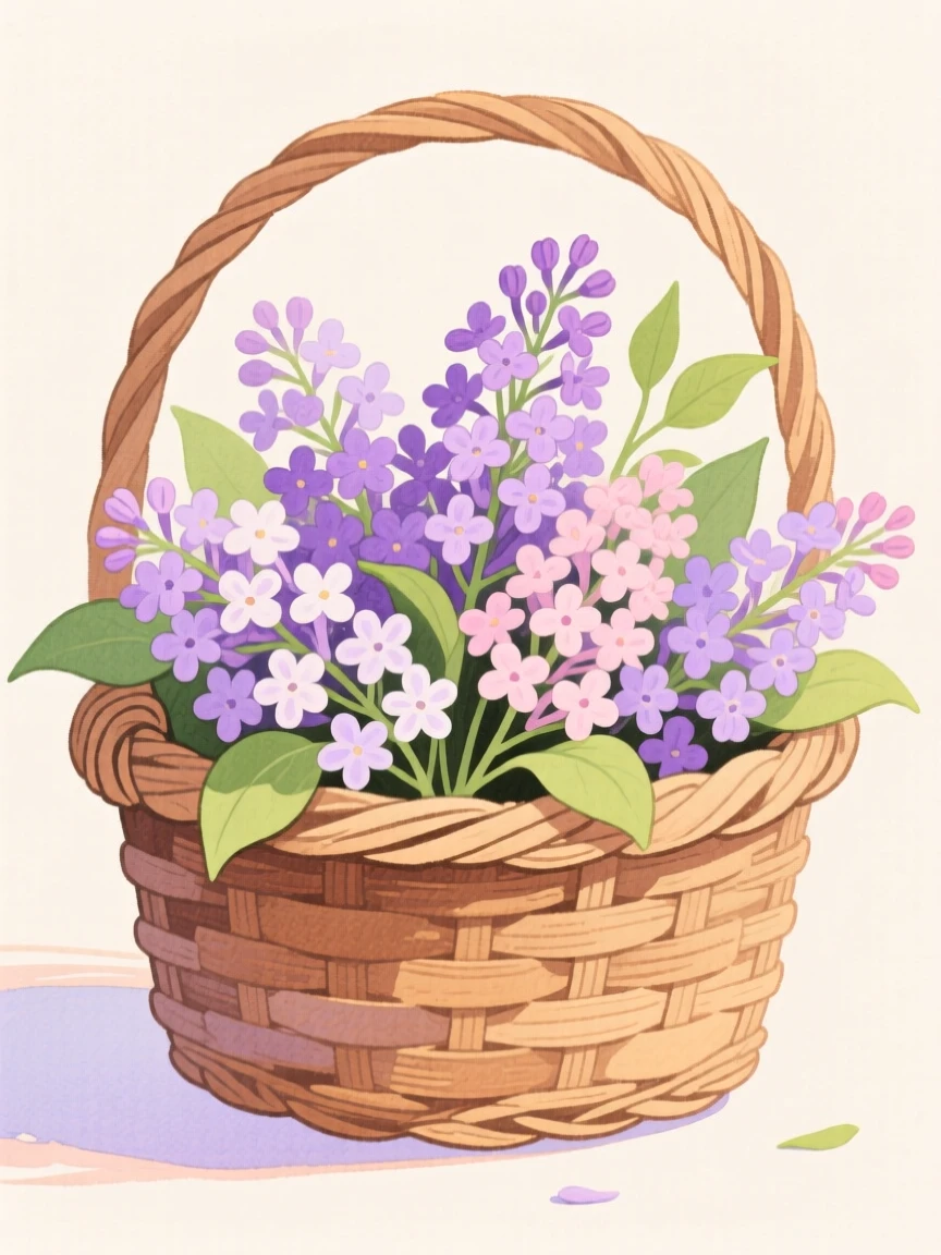 A close-up of a basket of freshly cut lilacs.