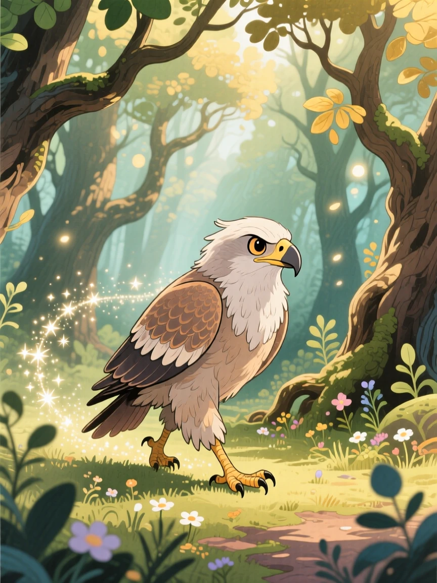 A wise old griffin leaving a trail of sparkling stardust as it moves, in an ancient magical grove, evoking awe and quiet enchantment.