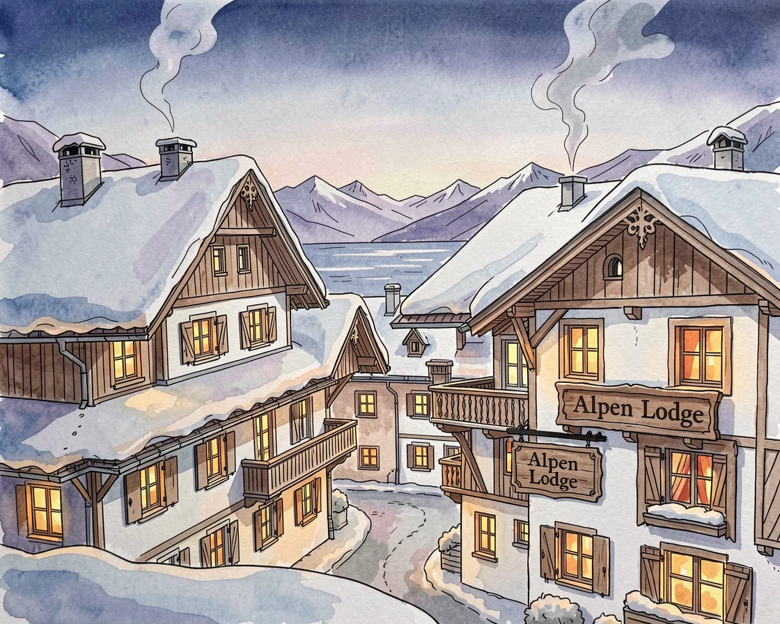 A snow-covered alpine village glowing with warm window light at dusk, distant mountains or sea visible beyond the rooftops.