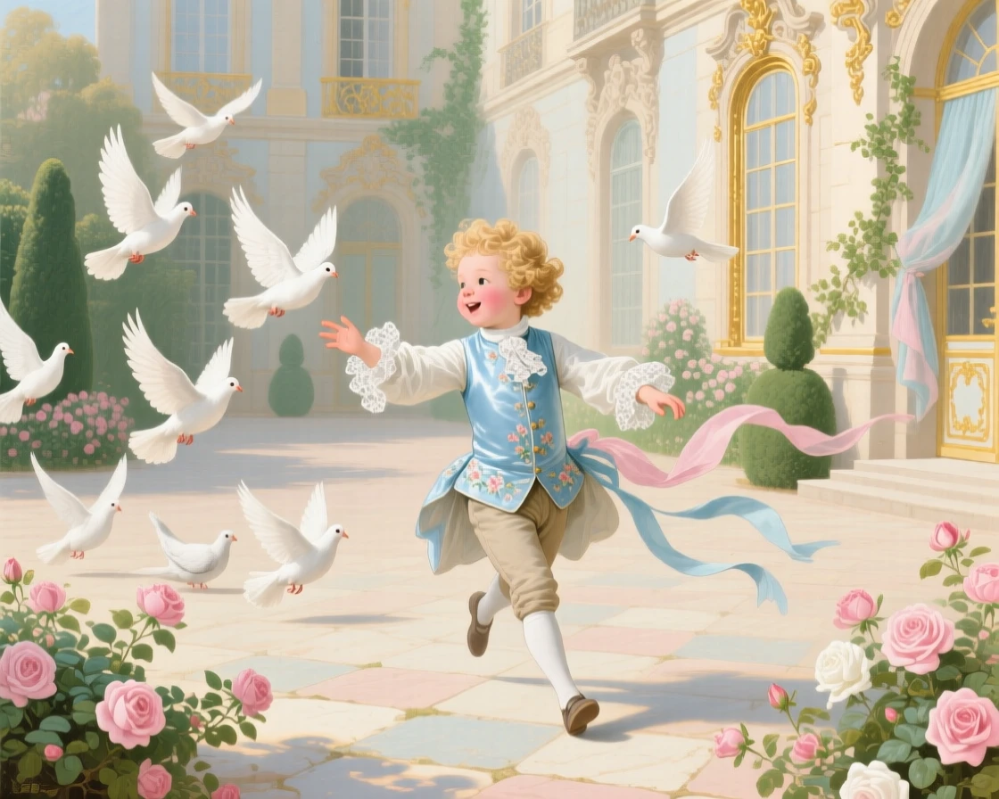 A little boy chasing doves across a palace courtyard  
