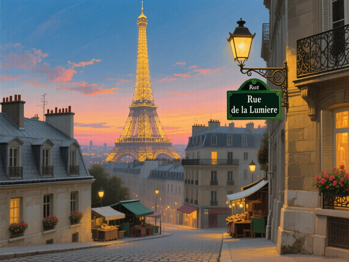 The Paris skyline at dusk with the Eiffel Tower glittering above the rooftops, as soft golden hour light bathes every surface and structure, designed to transport the viewer directly into the scene