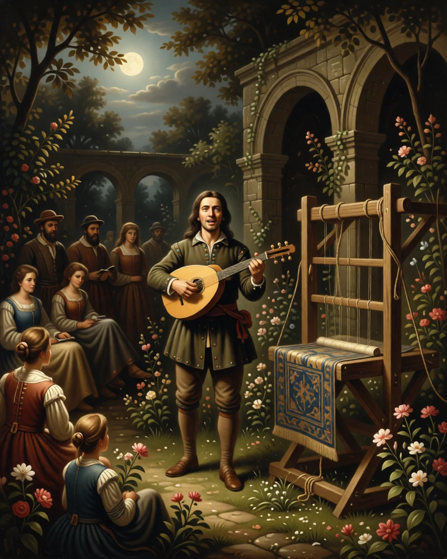 A traveling minstrel performing before a gathered village crowd as the audience holds its breath in anticipation, set within a moonlit garden fit for legend, with an old wooden loom, tangled threads, and a half-finished tapestry; receding archways create a sense of stepping into another world, evoking nostalgia, wonder, and the timeless magic of storytelling.