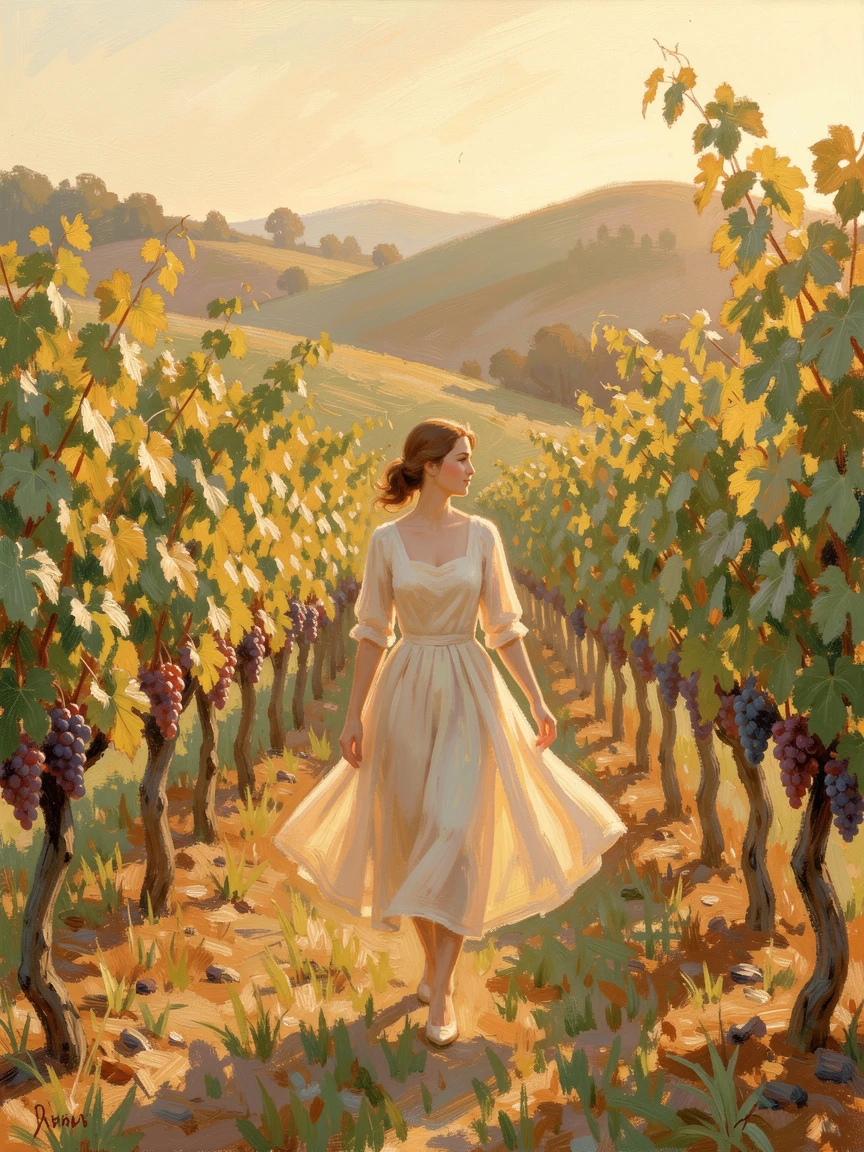 A woman in a flowing dress walking through a sunlit vineyard at golden hour, filled with a cozy, comforting atmosphere.