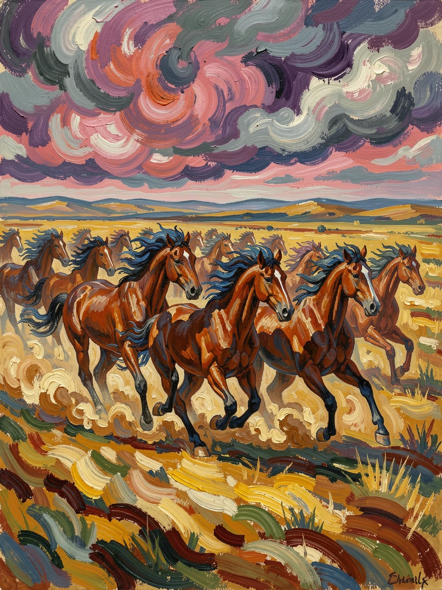 A herd of wild horses galloping across an open plain, manes streaming in the wind.