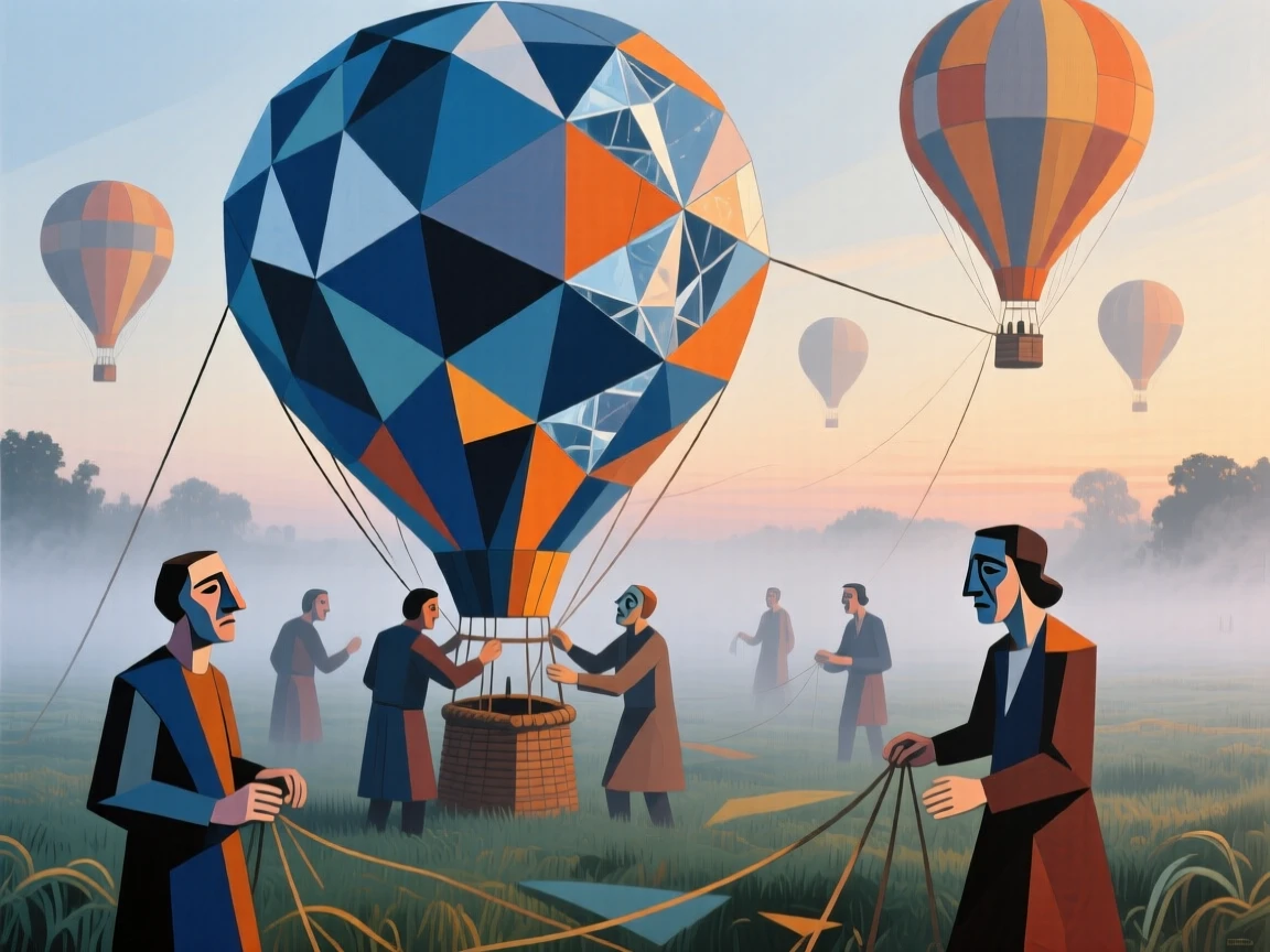 A group of hot air balloonists preparing their balloon at dawn in a misty field.