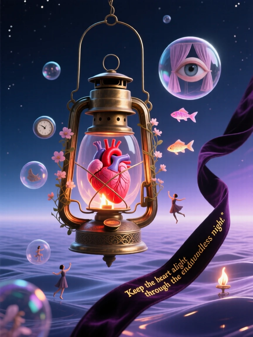 A lantern whose flame is shaped like a tiny beating heart drifts slowly through a space with no clear boundary, while the surrounding space feels calm, still, and open.