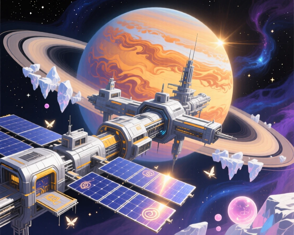 A distant space station orbits a ringed gas giant, solar panels catching brilliant sunlight against the backdrop of swirling amber clouds, small magical details scattered throughout the scene rewarding a closer look.