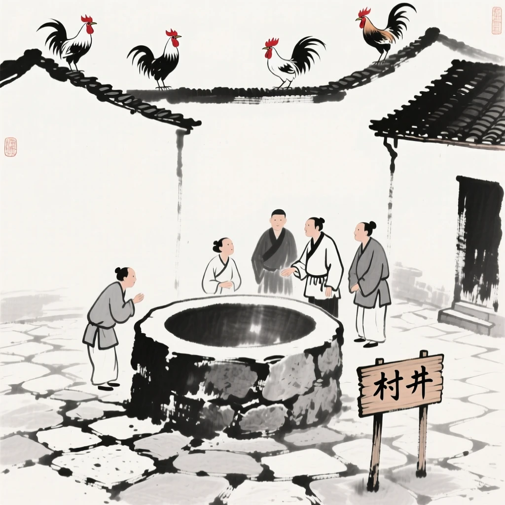 Villagers gather at a well in the center of a quiet stone courtyard, as roosters call from nearby rooftops.