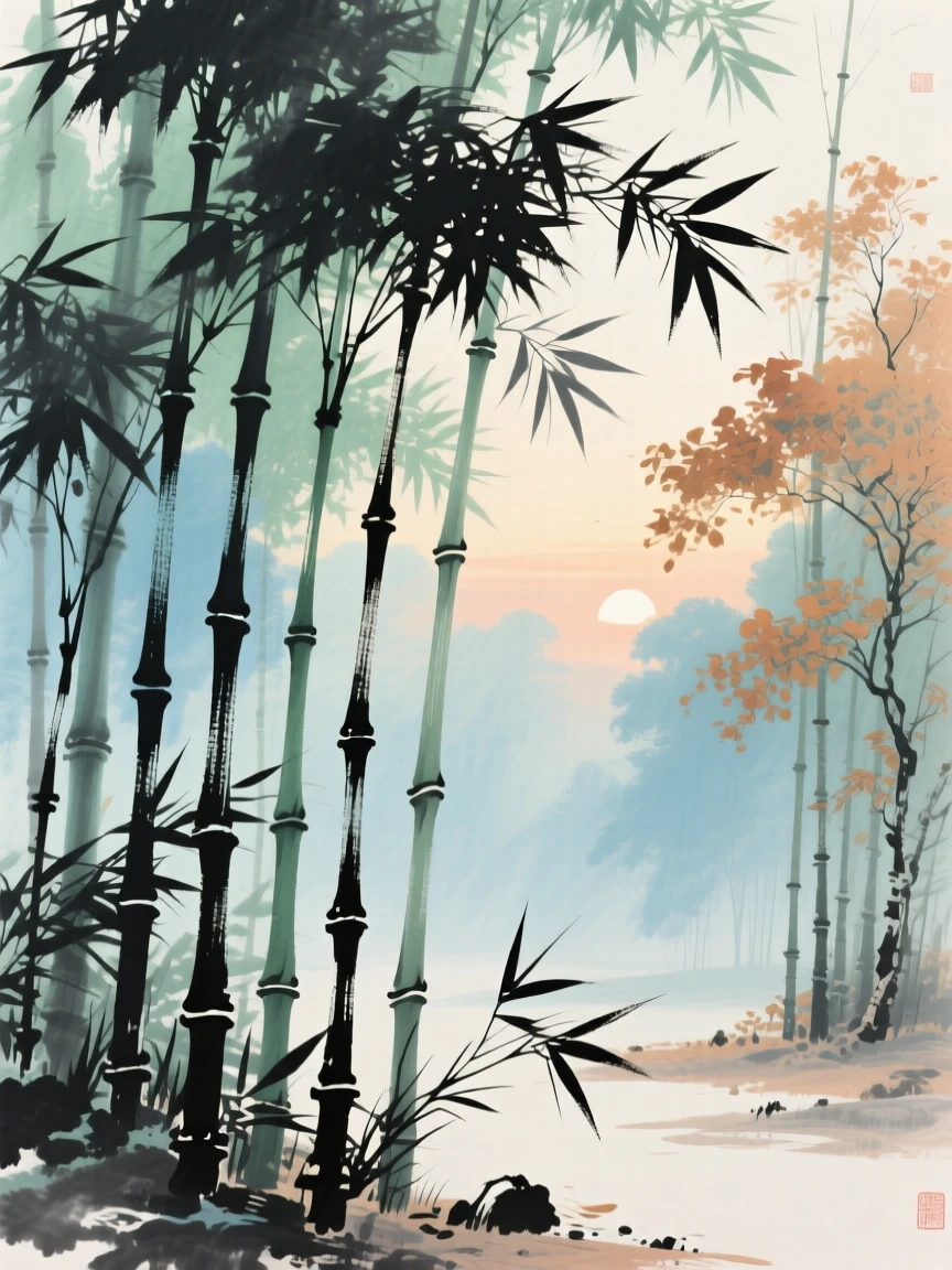 A bamboo forest with tall stalks swaying together, at dawn, at the turn of autumn, carrying a mood of wistful nostalgia.