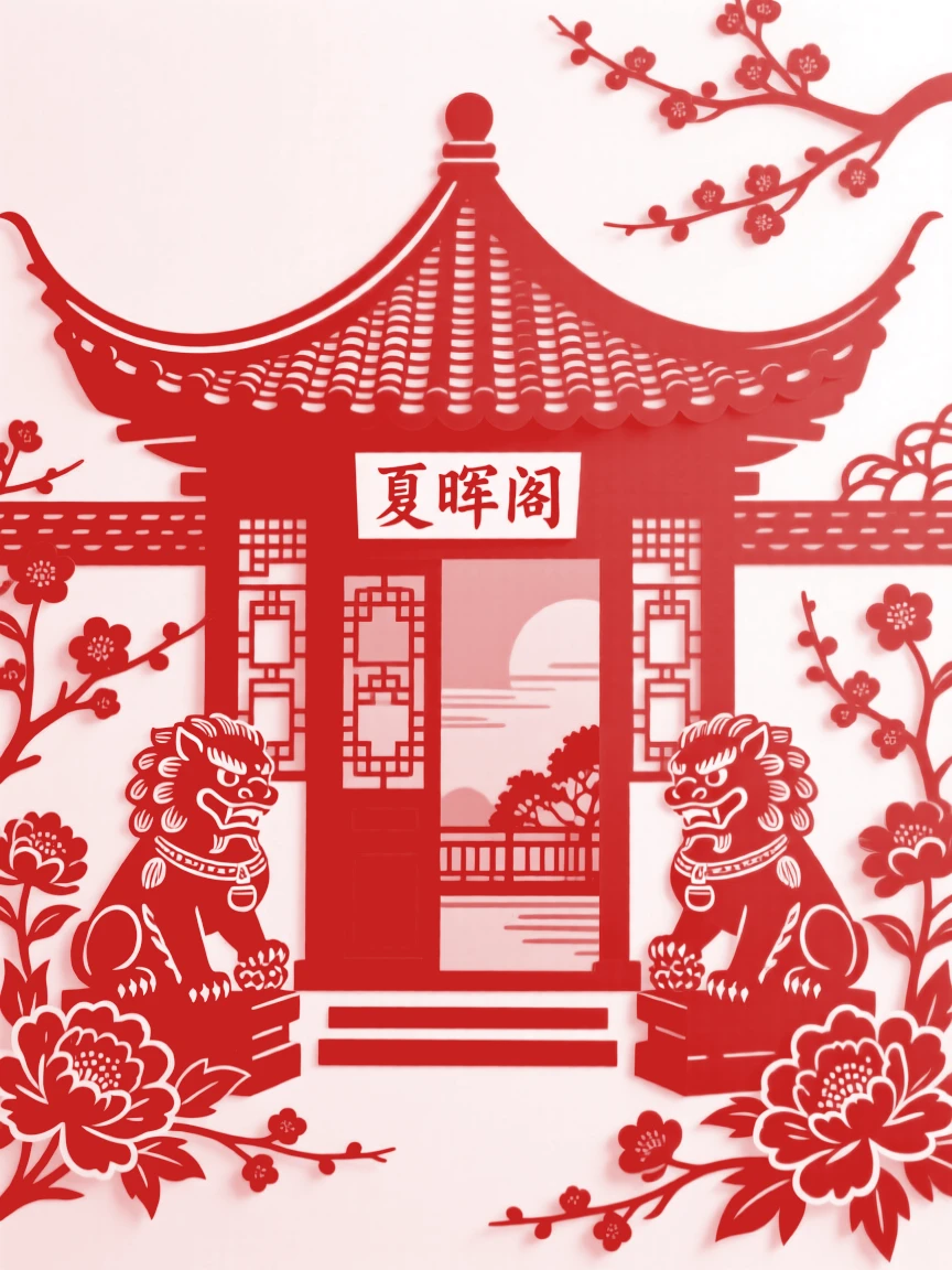 A garden pavilion, in the golden hush of a summer evening, stone lions standing watch at its entrance.