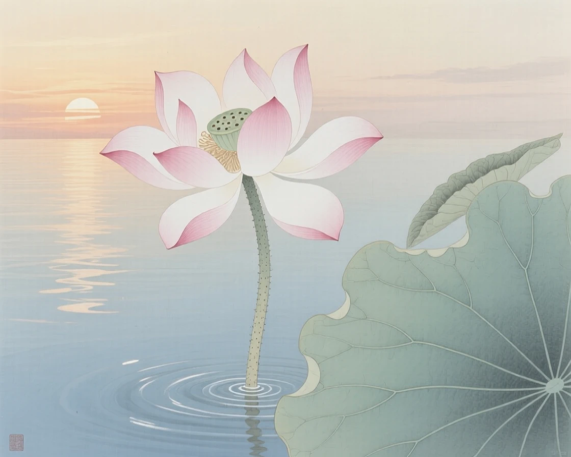 A single lotus flower rising above still water in the soft light just before sunset