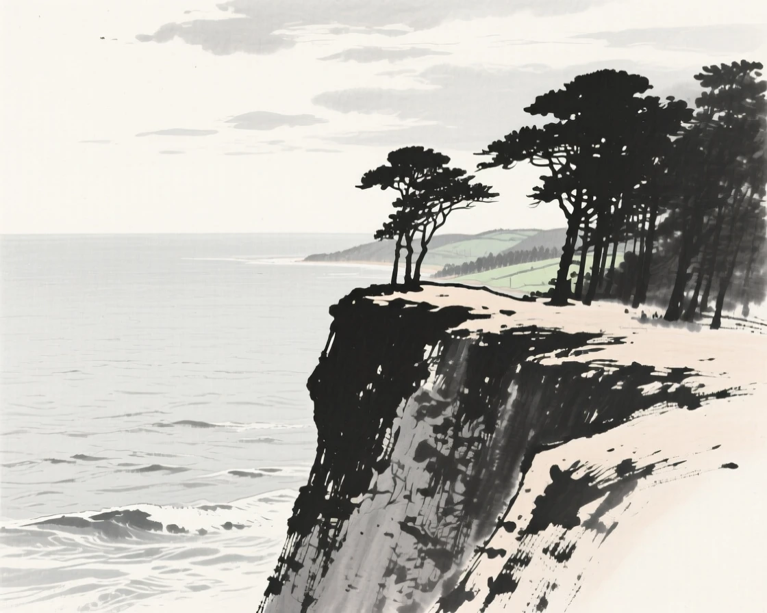 A high cliff overlook facing an endless expanse of ocean under a wide open sky scattered with drifting clouds, framed through a gap in the trees, revealing the valley beyond, conveying calm reflection and gentle isolation.
