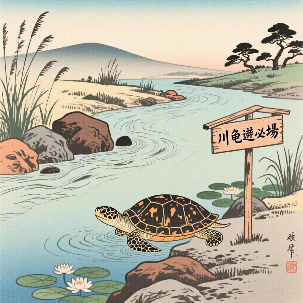 A slow swimming turtle playing along a rocky riverbank.