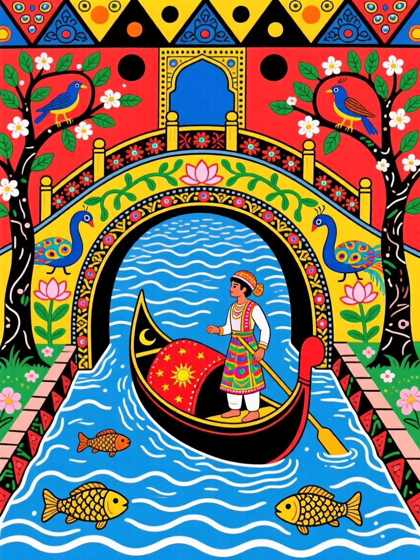 A gondola gliding beneath an arched bridge in a quiet canal city.