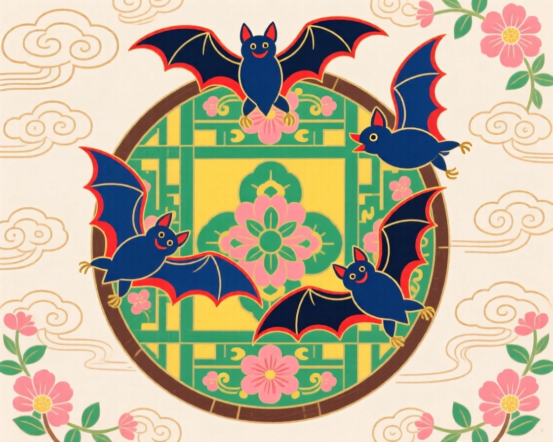 Five bats circling above a round window, an emblem of the five blessings.
