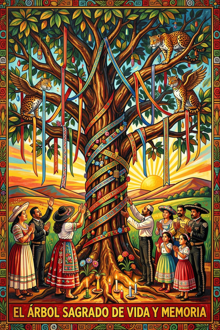 A sacred grove of trees wrapped in offerings and ribbons