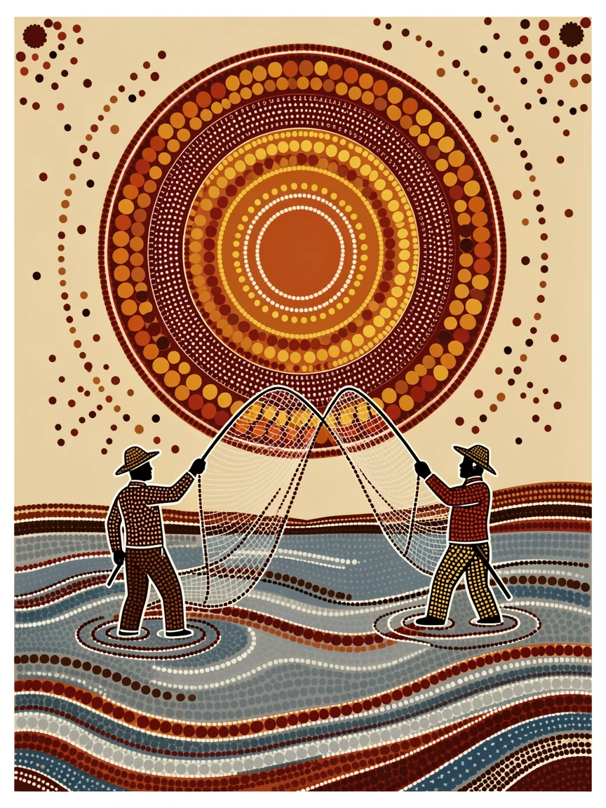Fishermen casting nets at sunrise