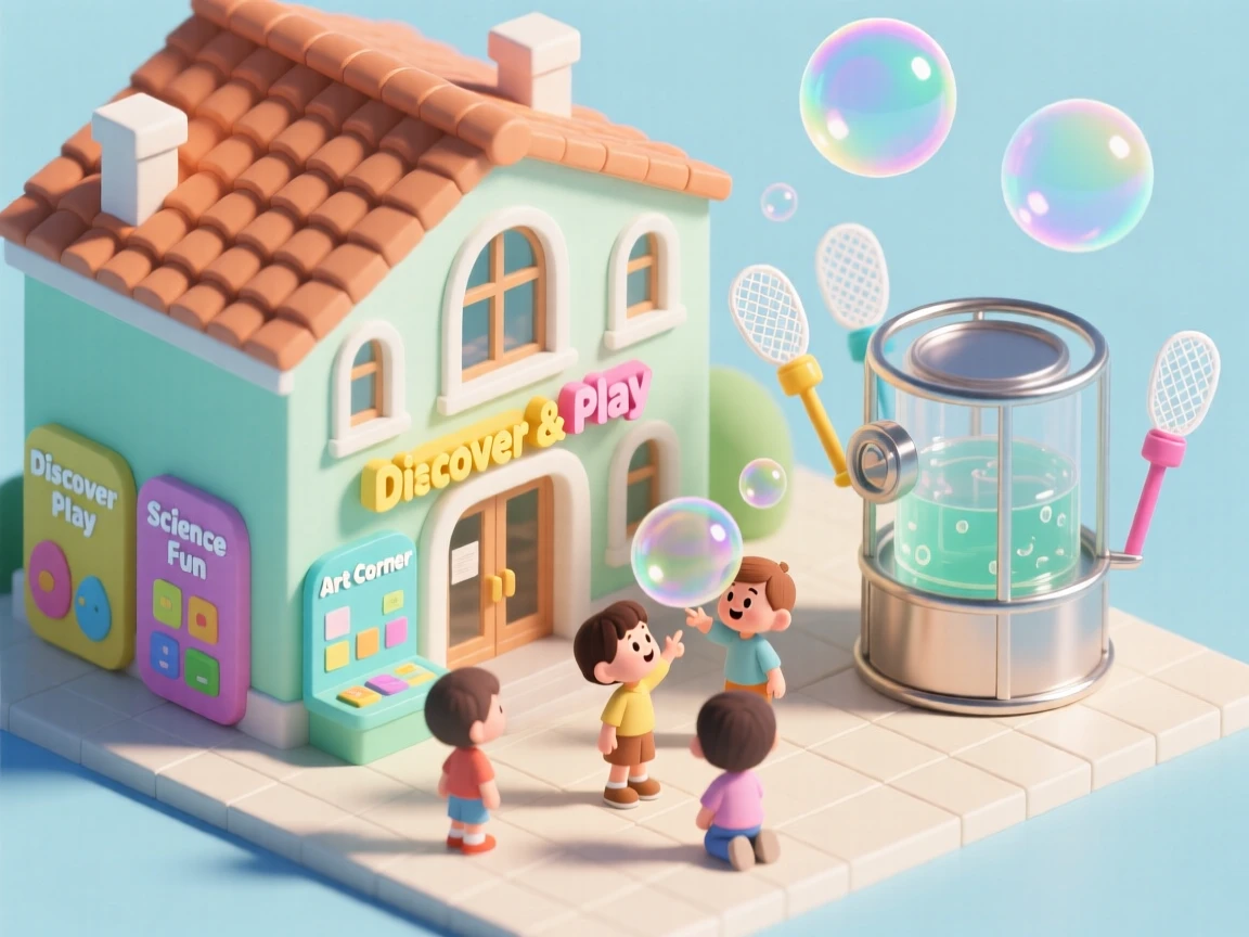 A charming children's museum with interactive exhibits, a giant bubble-making station, and kids exploring wide-eyed.