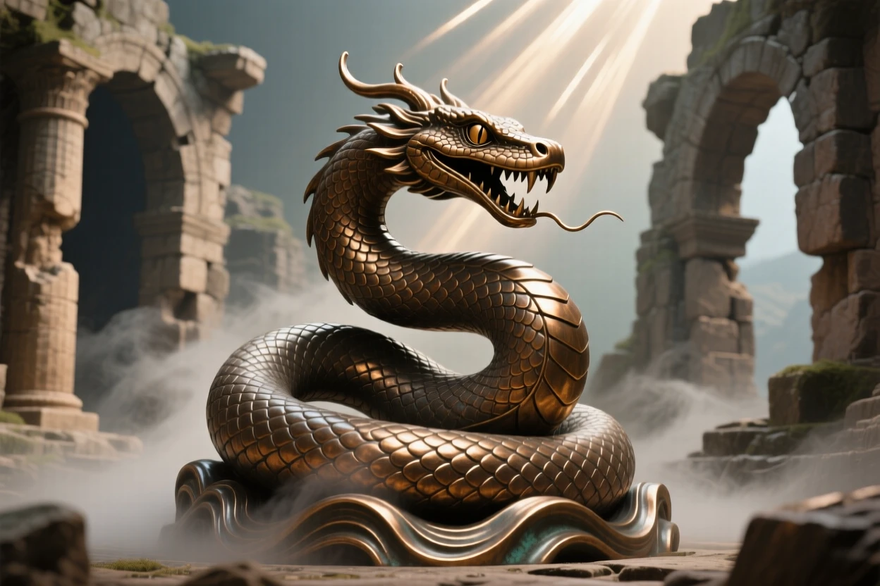 A legendary basilisk coiled in an ancient ruin, surrounded by swirling mist and light, radiating awe and grandeur