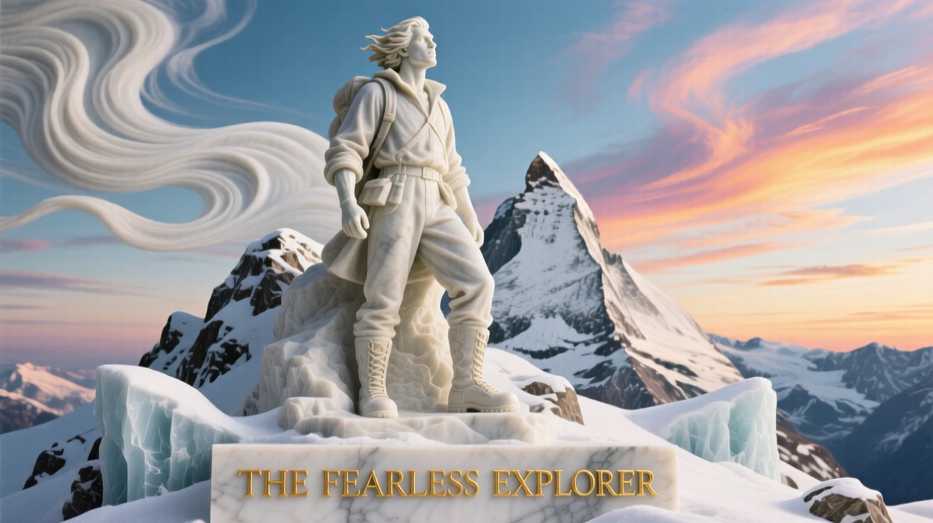 A beautifully composed image of a fearless explorer atop a snowy peak, under a brilliant, colorful sky, full of atmosphere and visual storytelling