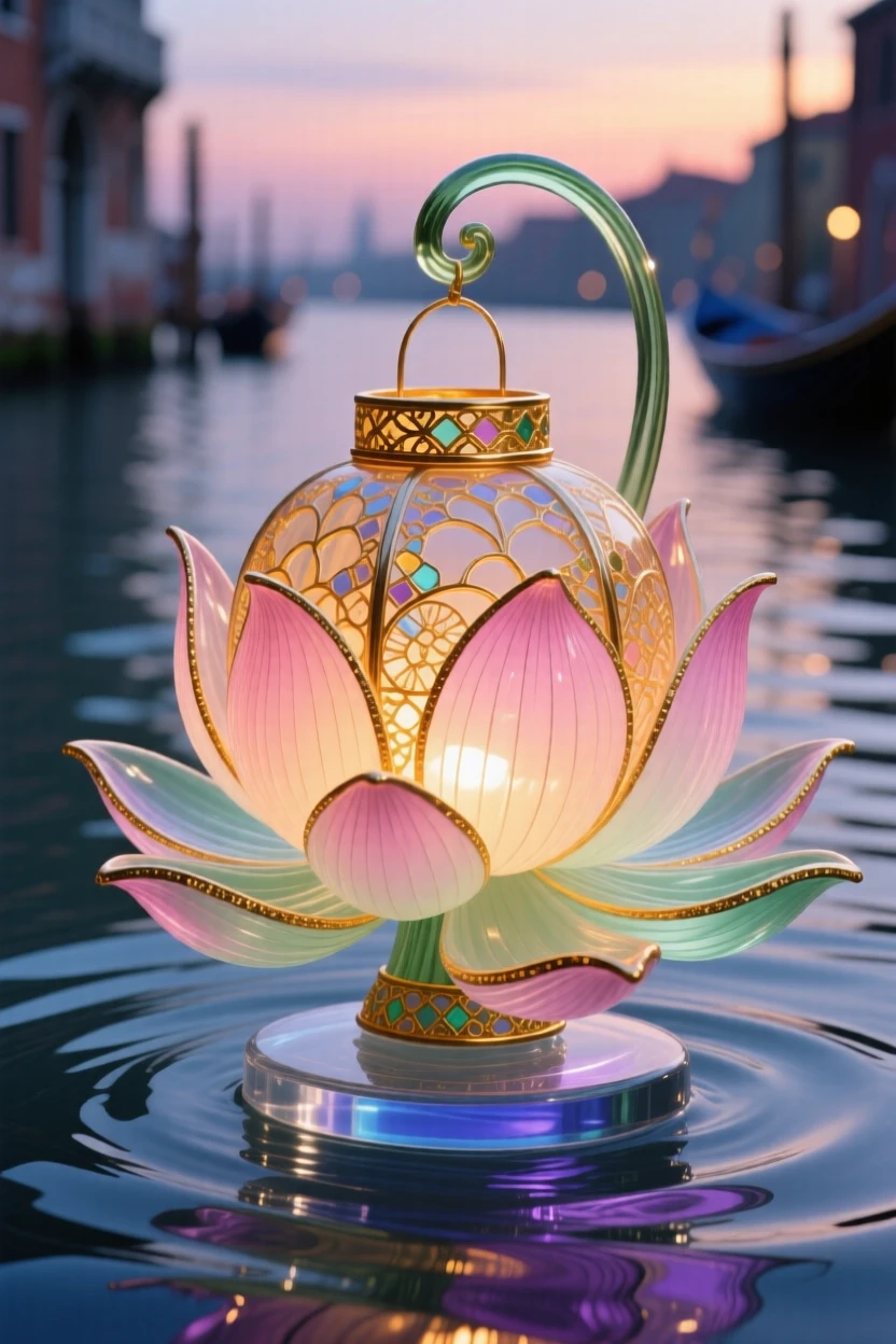 A traditional Vietnamese lotus lantern floating down a river at dusk, serene and hopeful.