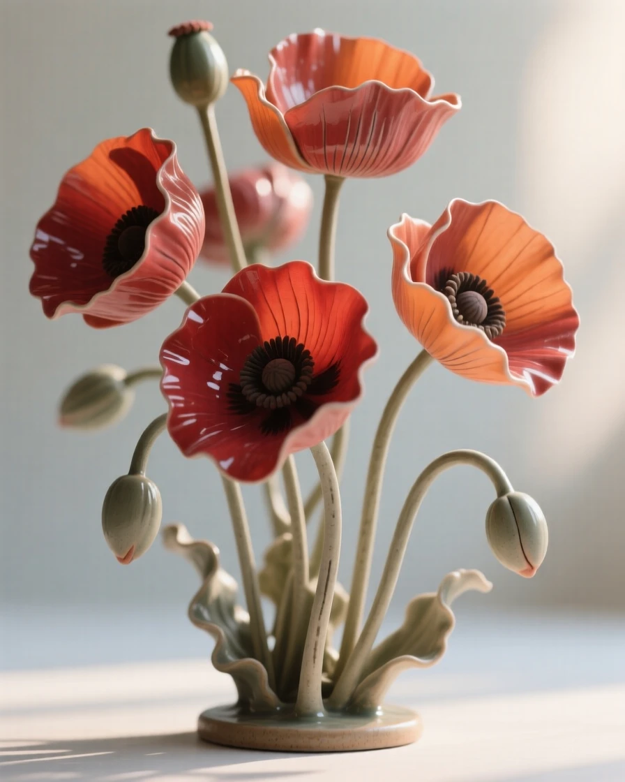 A cluster of poppies swaying in a breeze unfurling slowly toward the morning light, its stem gently arching under its own weight, conveying the quiet poetry of the natural world.