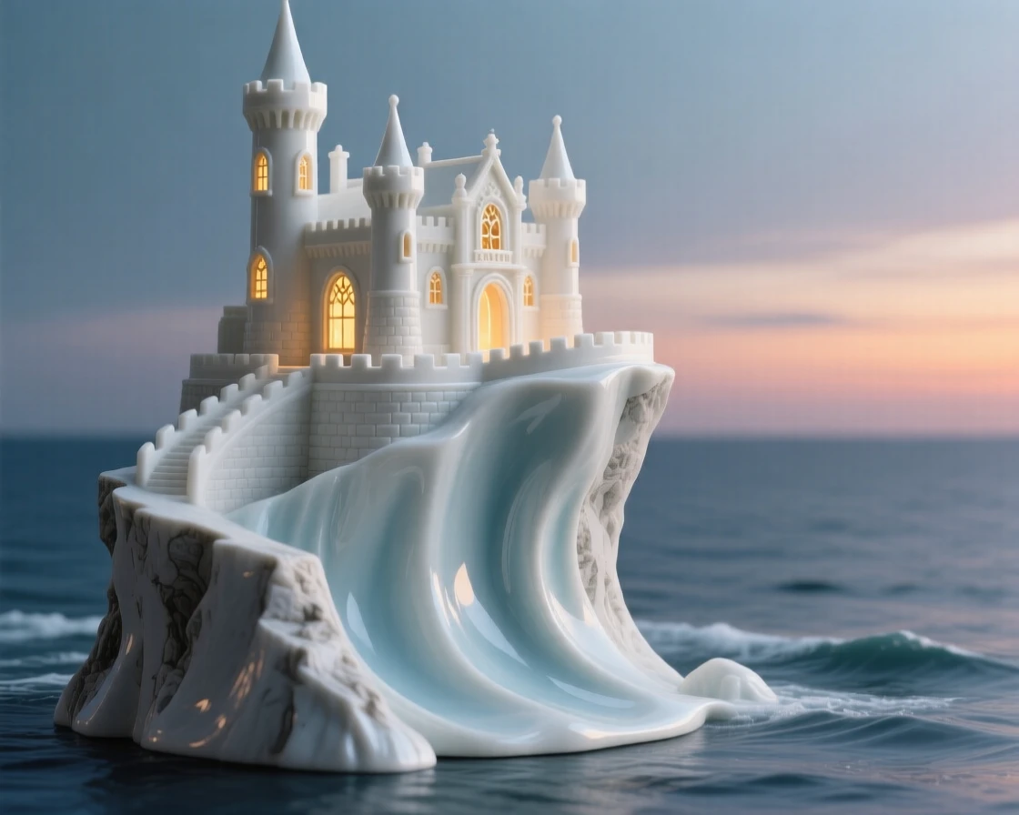 A cliffside castle perched on a dramatic sea cliff, glowing warmly from within at dusk.