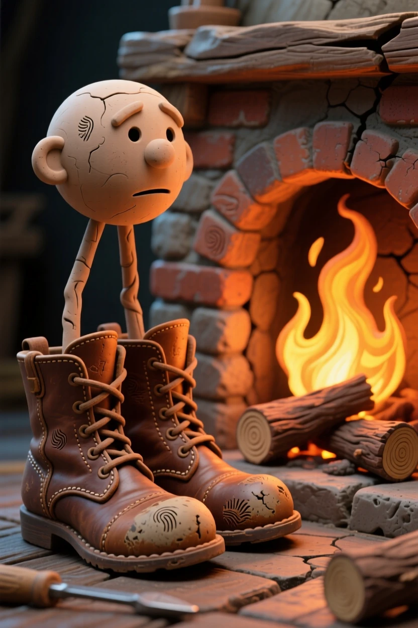 A pair of worn leather boots beside a crackling fireplace