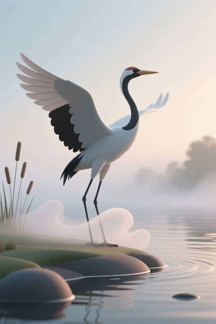 A graceful crane stretches its wings wide on a misty riverbank at first light, mist curling around its legs.
