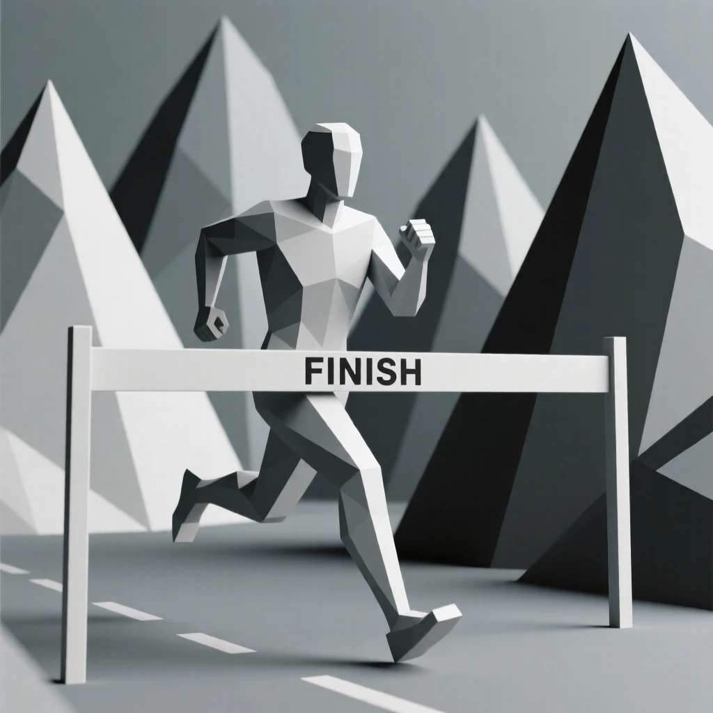 A runner crossing a finish line in triumph, surrounded by towering mountains. dynamic motion is captured with a clear sense of energy. A quiet passion fills the moment.