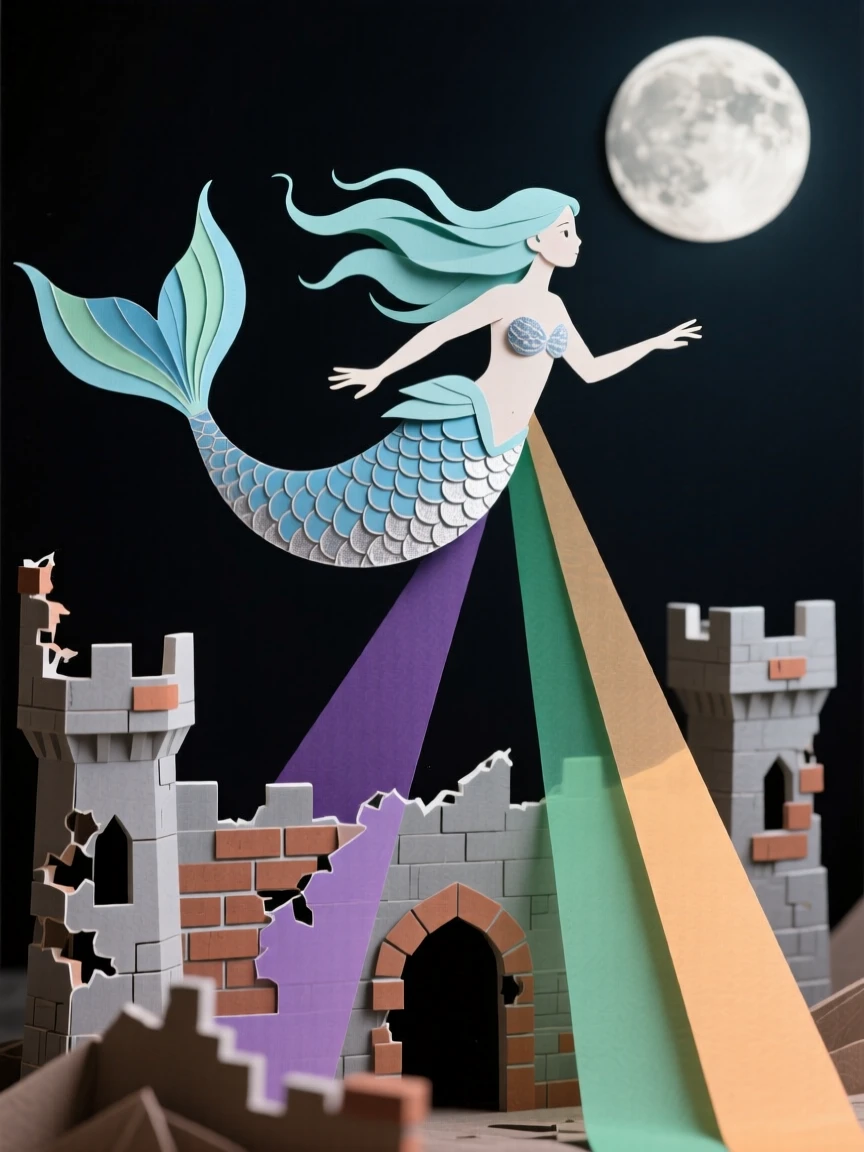 A moonlit mermaid soaring above a crumbling ancient castle, with shafts of colored light piercing the darkness, evoking otherworldly beauty.