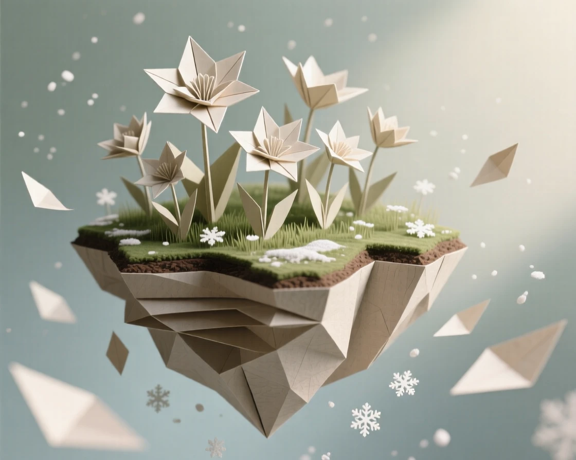 A floating island garden where flowers bloom in slow motion, petals drifting like snow.