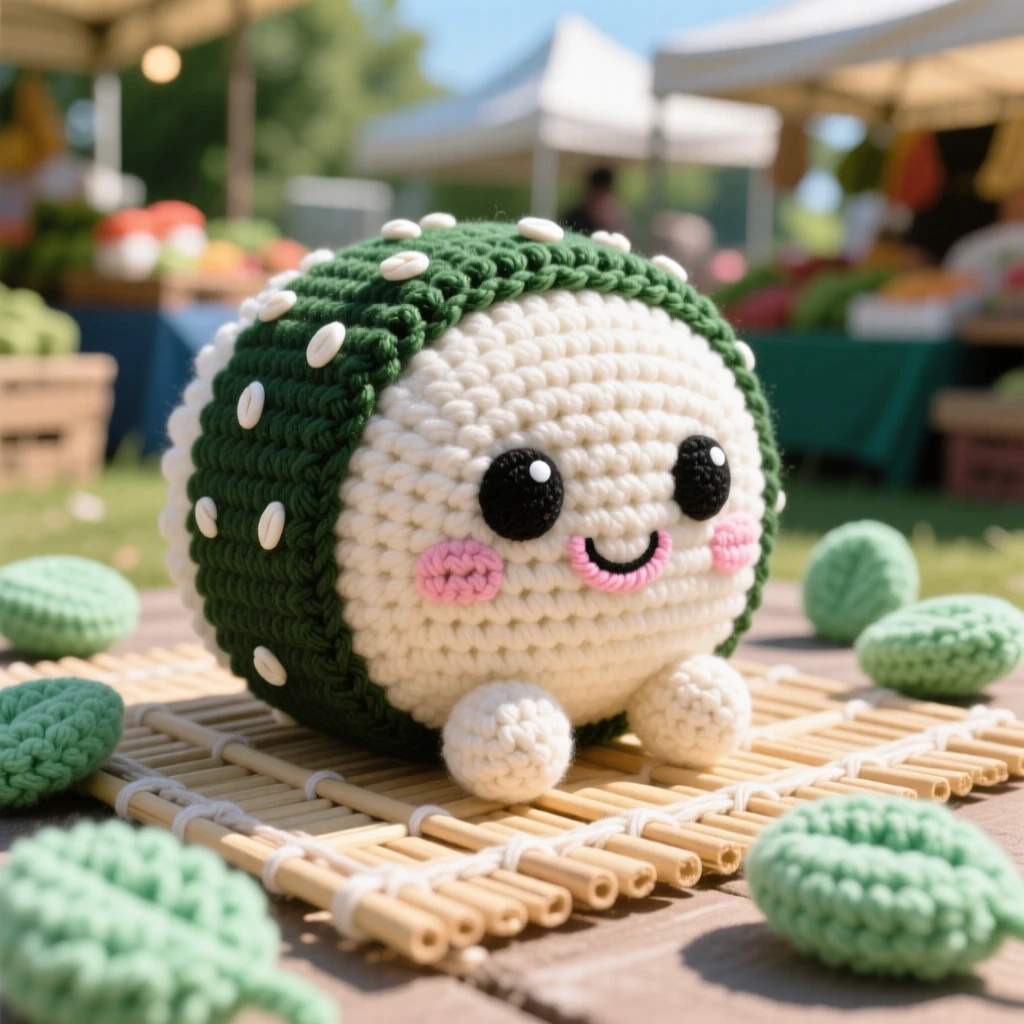 A delightful still-life of a cheerful sushi roll character with a wrap of nori and a sesame sprinkle, arranged neatly on a bamboo mat within a sunny outdoor farmer's market stall; a scattering of fresh mint leaves nearby, full of bright, appetizing cheerfulness.